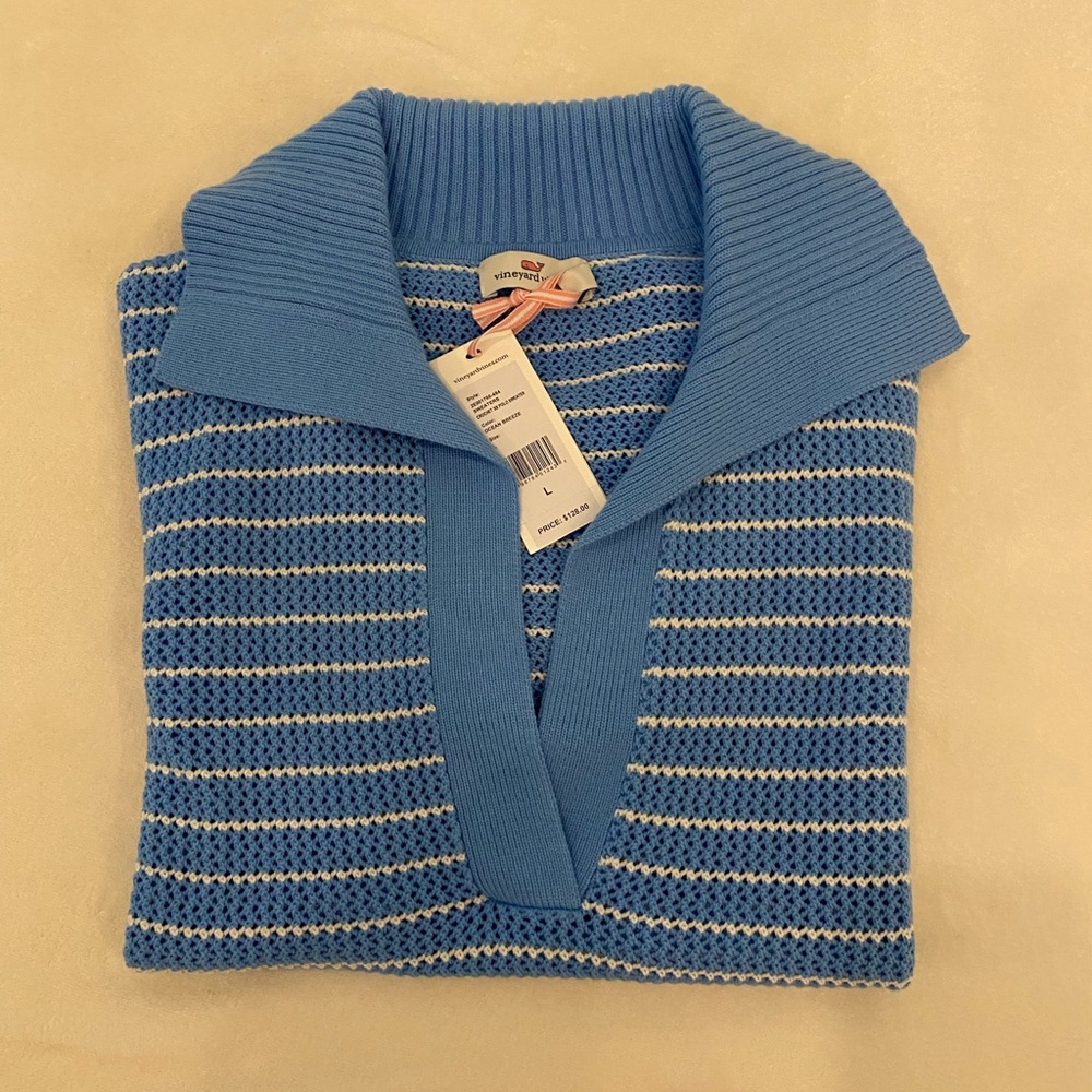 NWT Vineyard Vines Crochet SS Polo Sweater in Ocean Breeze color, V-Neck